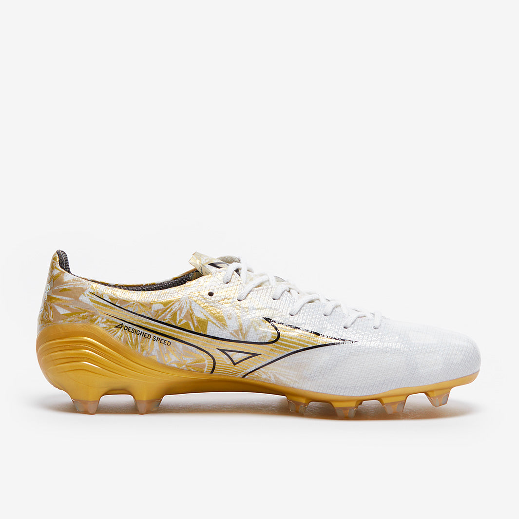 Mizuno Alpha Elite Firm Ground - White/GE Gold/Black - Adult Boots