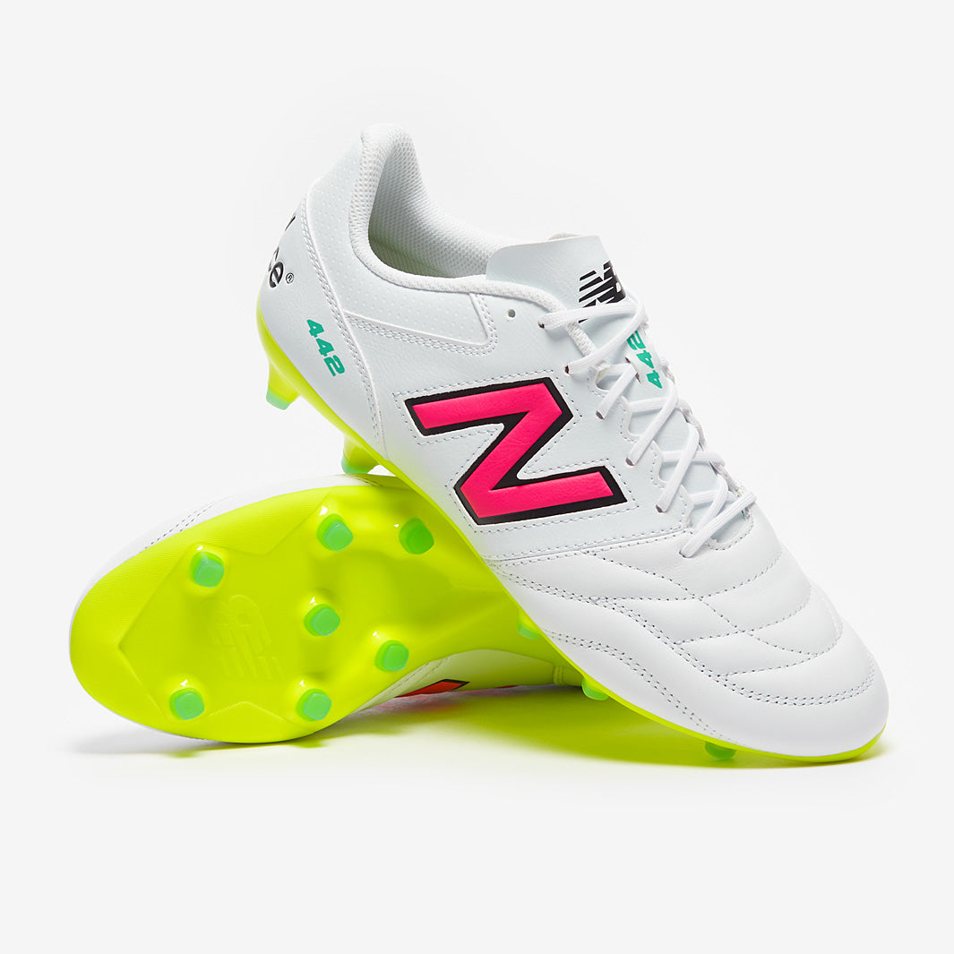 New Balance 442 V2 Team Firm Ground - White/Pink/Lime - Adult Boots